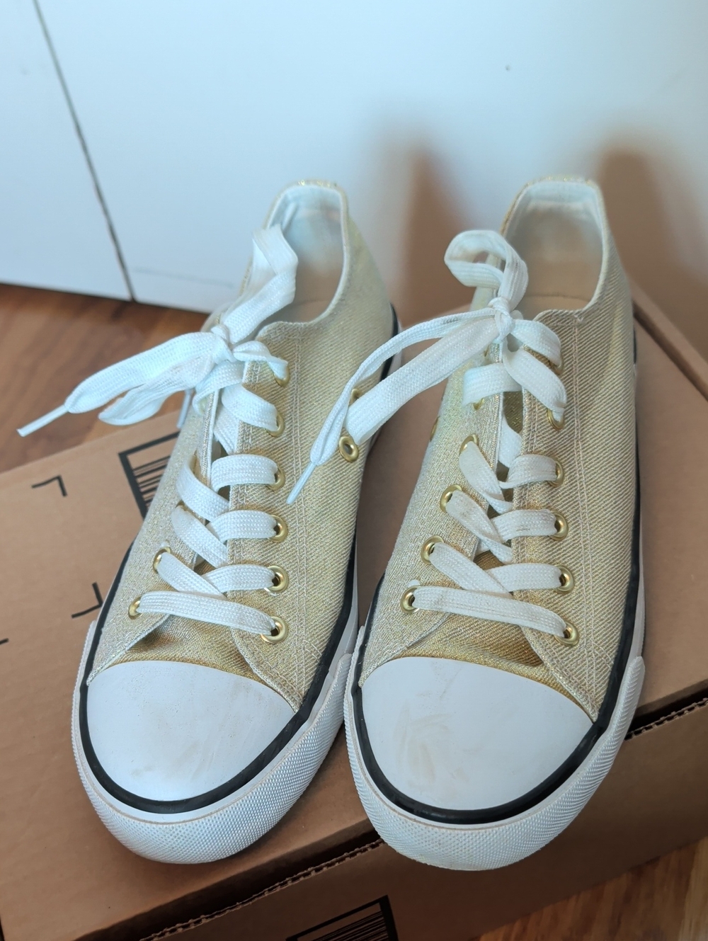 Gold Canvas Low-Top Sneakers with White Laces